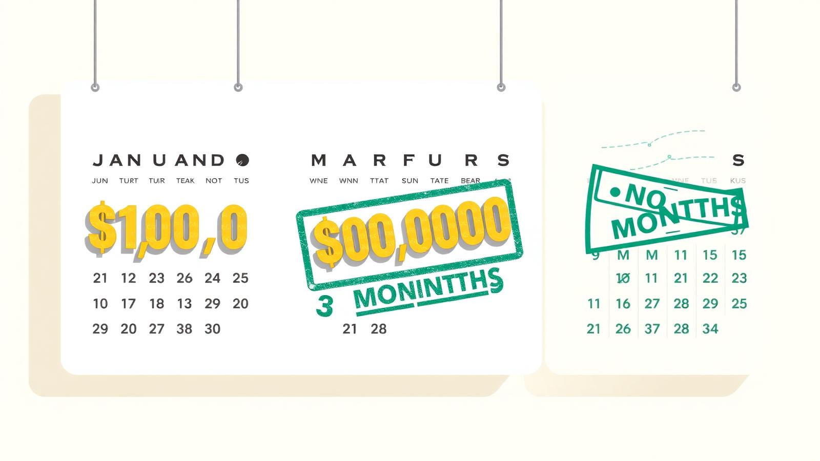 Calendar showing 3 months with $10,000 goal highlighted in gold and 3 Months stamped in emerald green