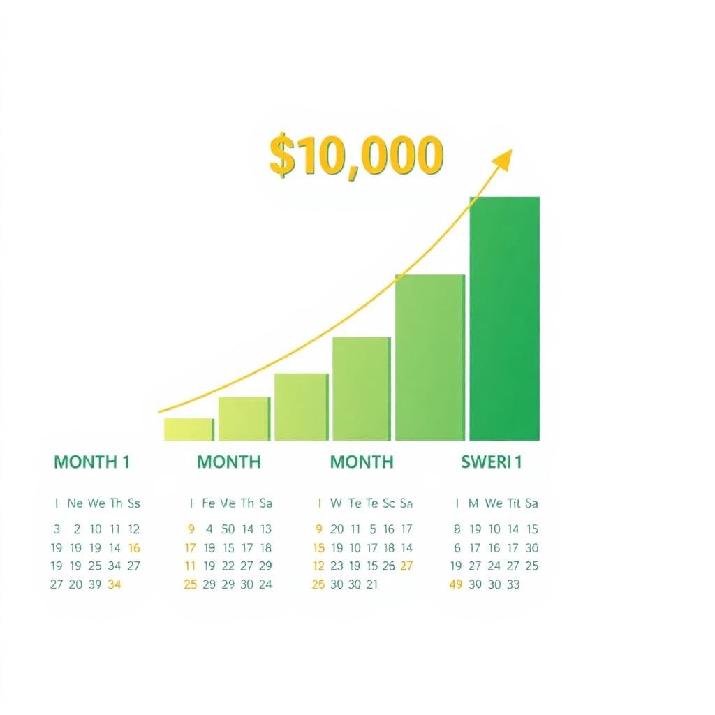 Bar chart climbing across six months toward a $10,000 goal — the 6-month savings plan
