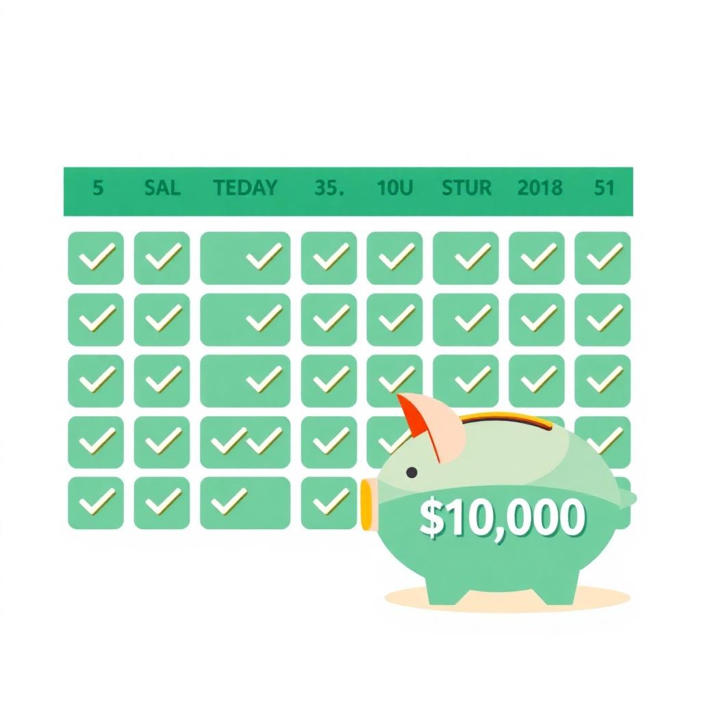 365-day yearly calendar with checkmarks and a $10,000 piggy bank — the 10000/365 savings plan
